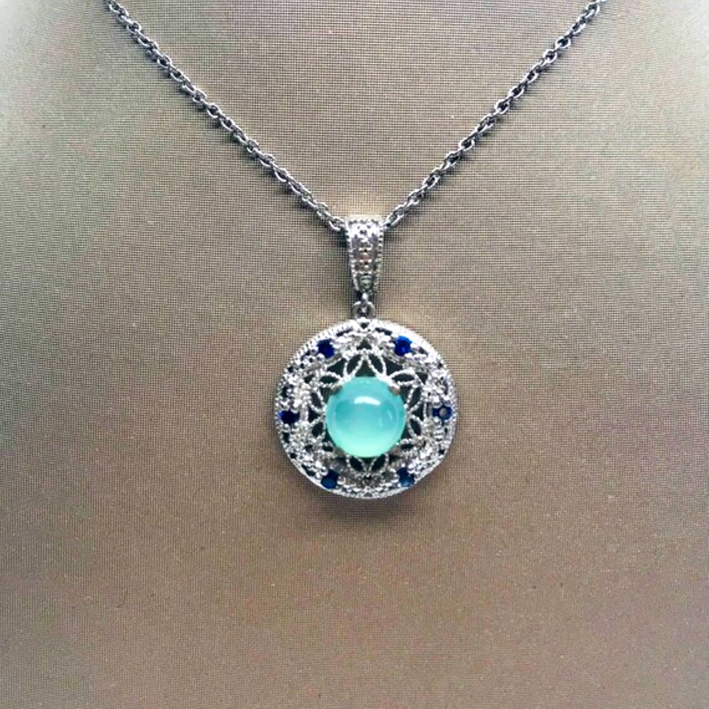 Silver, Filigree Round ‘KARIS’ Pendant With Synthetic Stones & 20” Long Chain
